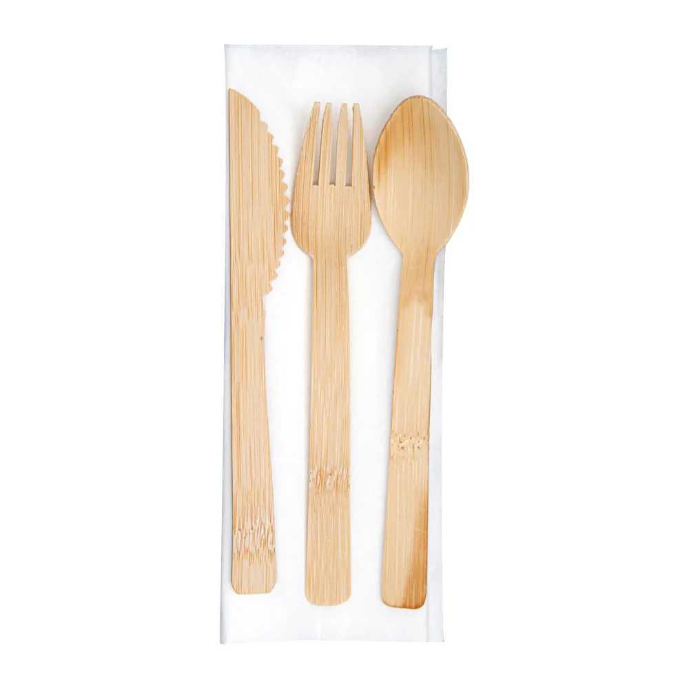 100 Square Natural 8" Bamboo Leaf Large Plates and 100 Natural Bamboo Disposable Flatware Sets