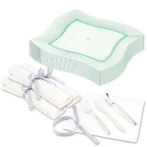 100 Square Seagreen 7" Plastic Medium Aqua Plates and 100 Argento Silver Plastic Cutlery Sets