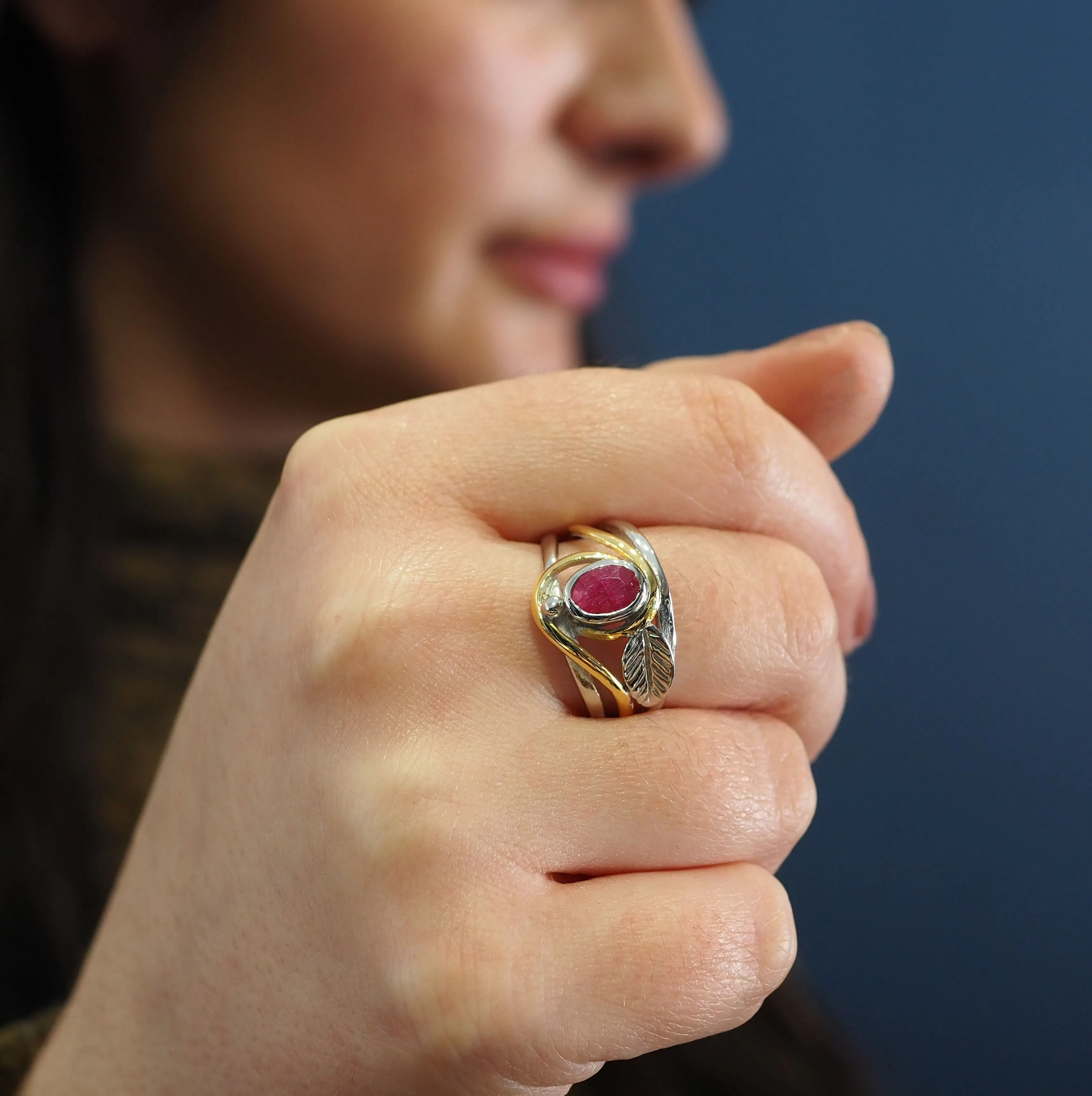 Adjustable Leaf Ring in Silver Gold & various gemstones