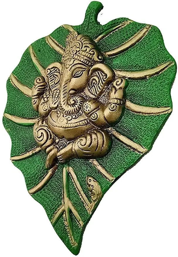 All in ONE Warehouse Pipal Leaf Hanging Ganesh Statue - Bring Health and Prosperity to Your Home Decorative Showpiece - 18.5 cm (Metal, Green)