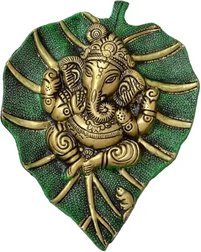 All in ONE Warehouse Pipal Leaf Hanging Ganesh Statue - Bring Health and Prosperity to Your Home Decorative Showpiece - 18.5 cm (Metal, Green)