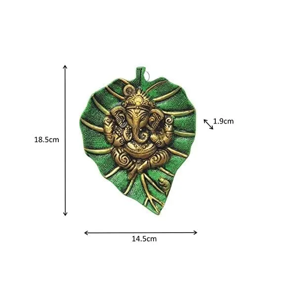 All in ONE Warehouse Pipal Leaf Hanging Ganesh Statue - Bring Health and Prosperity to Your Home Decorative Showpiece - 18.5 cm (Metal, Green)