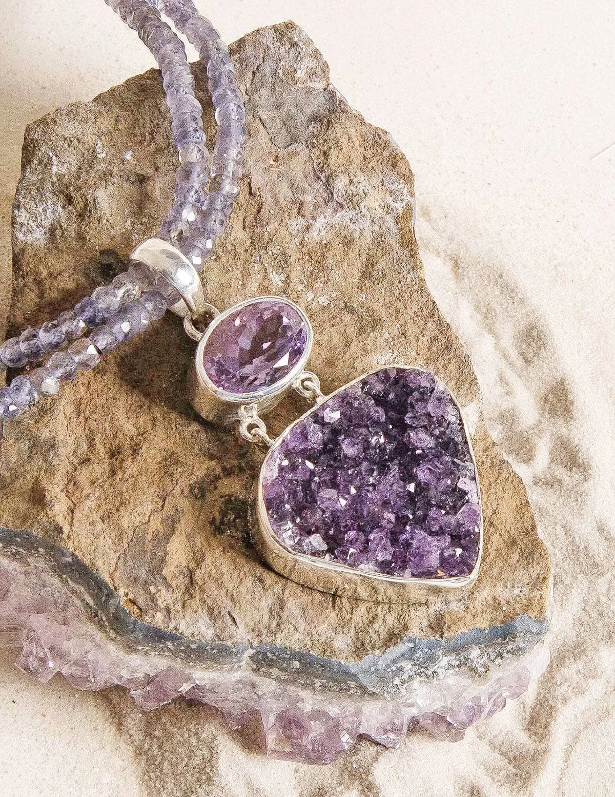 Amethyst Druzy Pendant on Beaded Iolite Necklace - One of a Kind