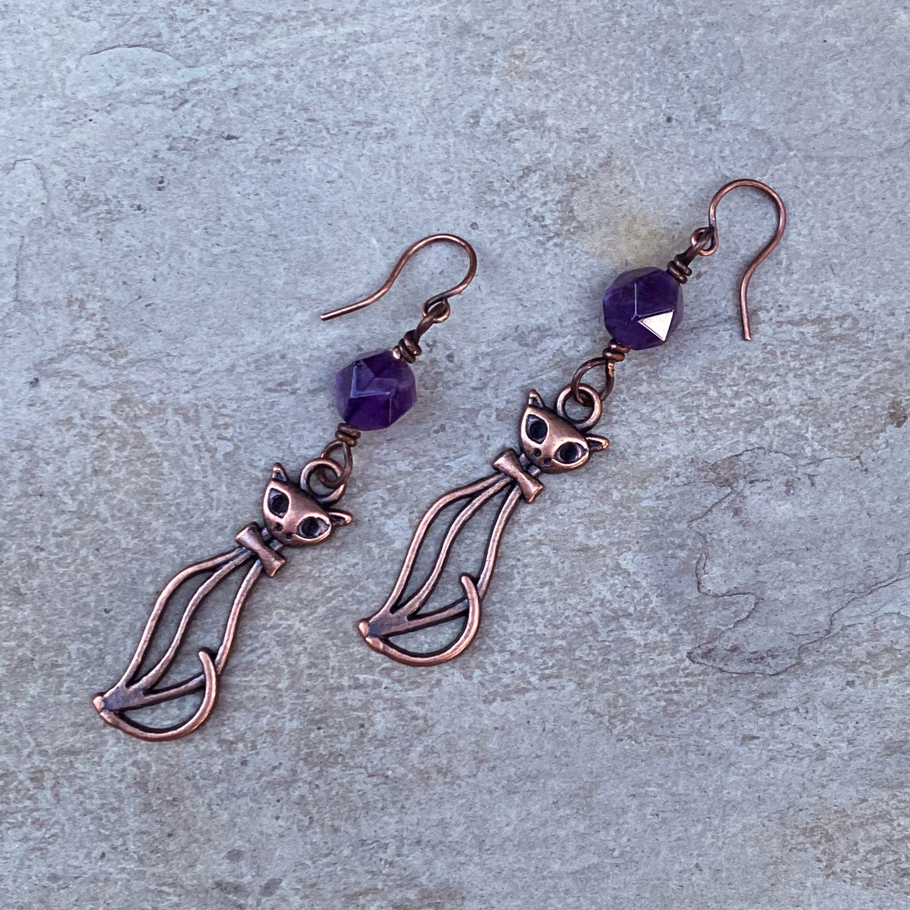 Amethyst gemstone and Kitty Cat Drop Earrings