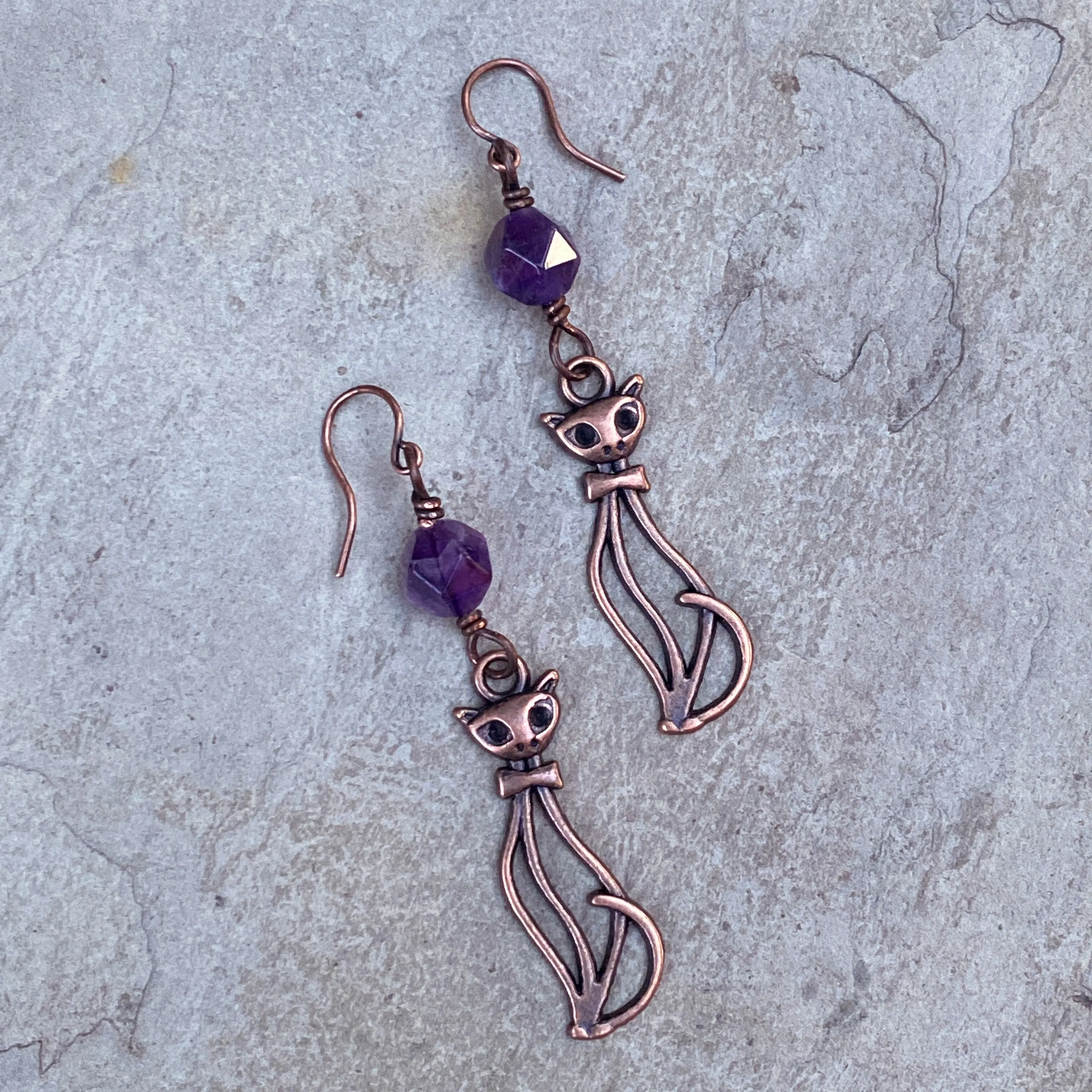 Amethyst gemstone and Kitty Cat Drop Earrings