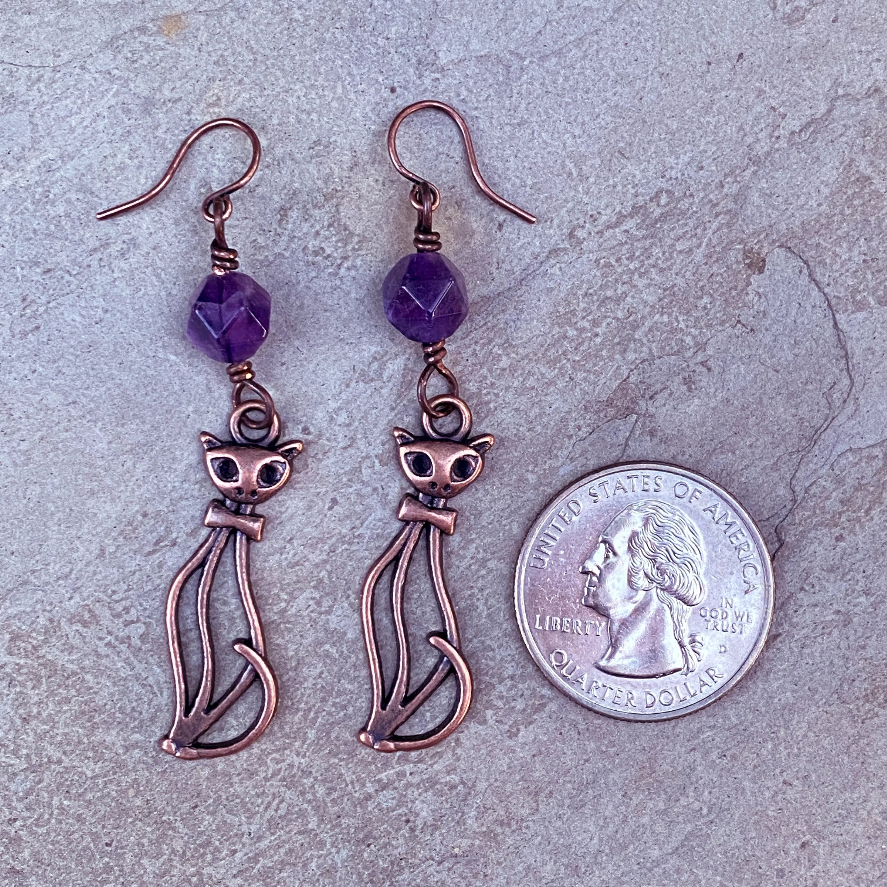 Amethyst gemstone and Kitty Cat Drop Earrings