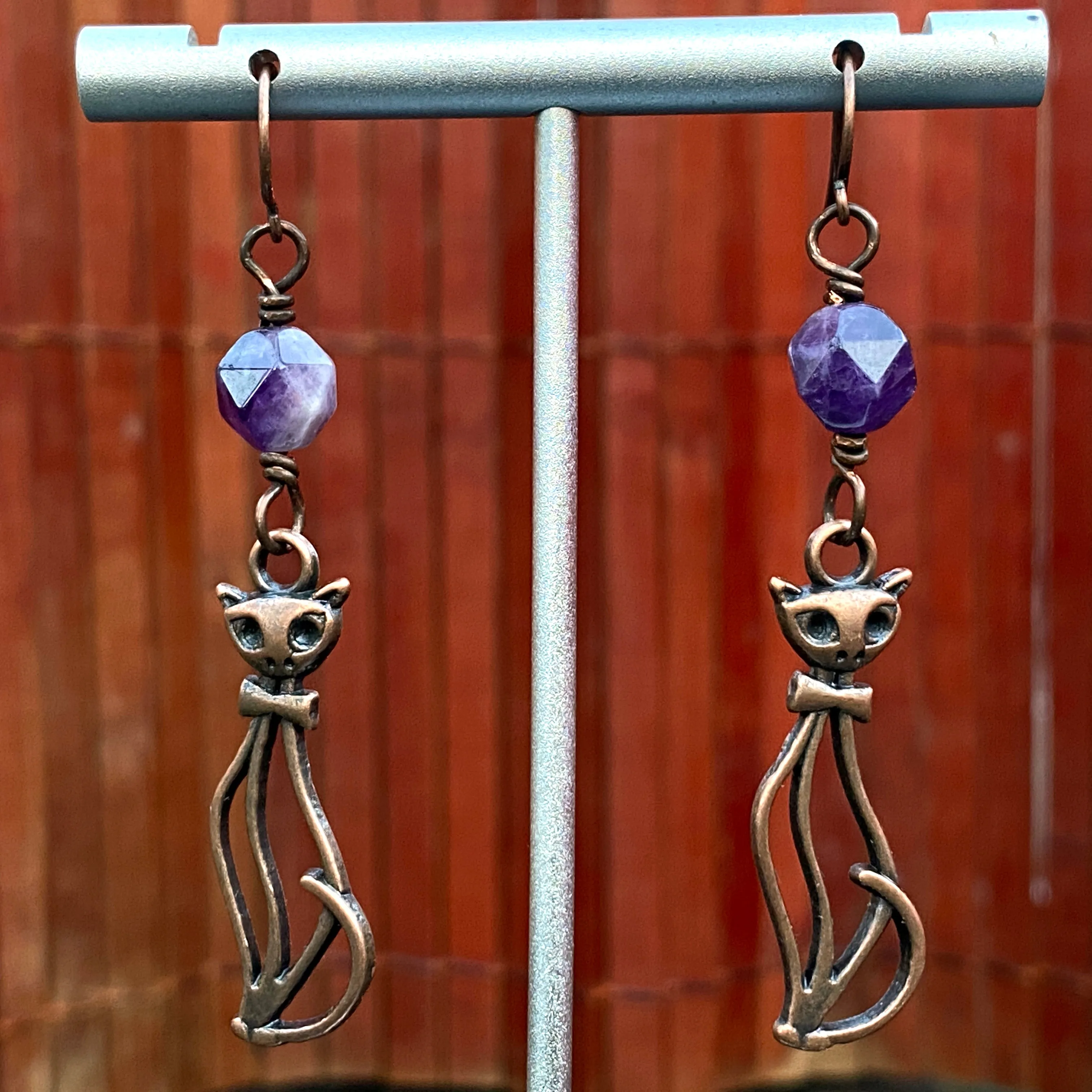 Amethyst gemstone and Kitty Cat Drop Earrings