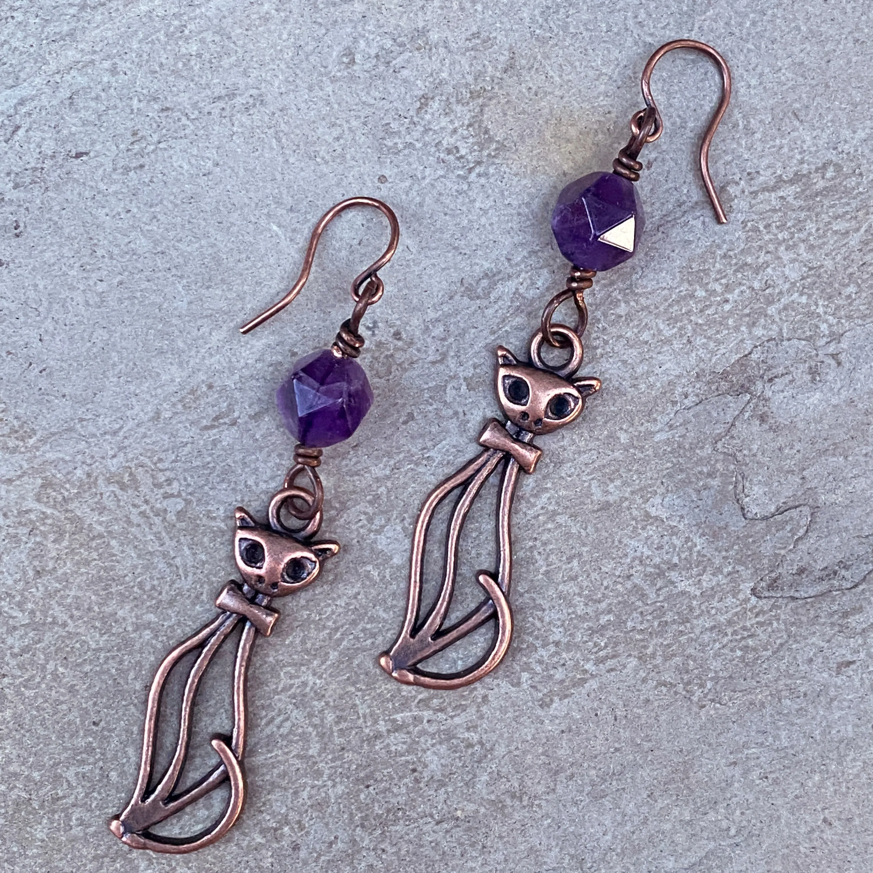 Amethyst gemstone and Kitty Cat Drop Earrings