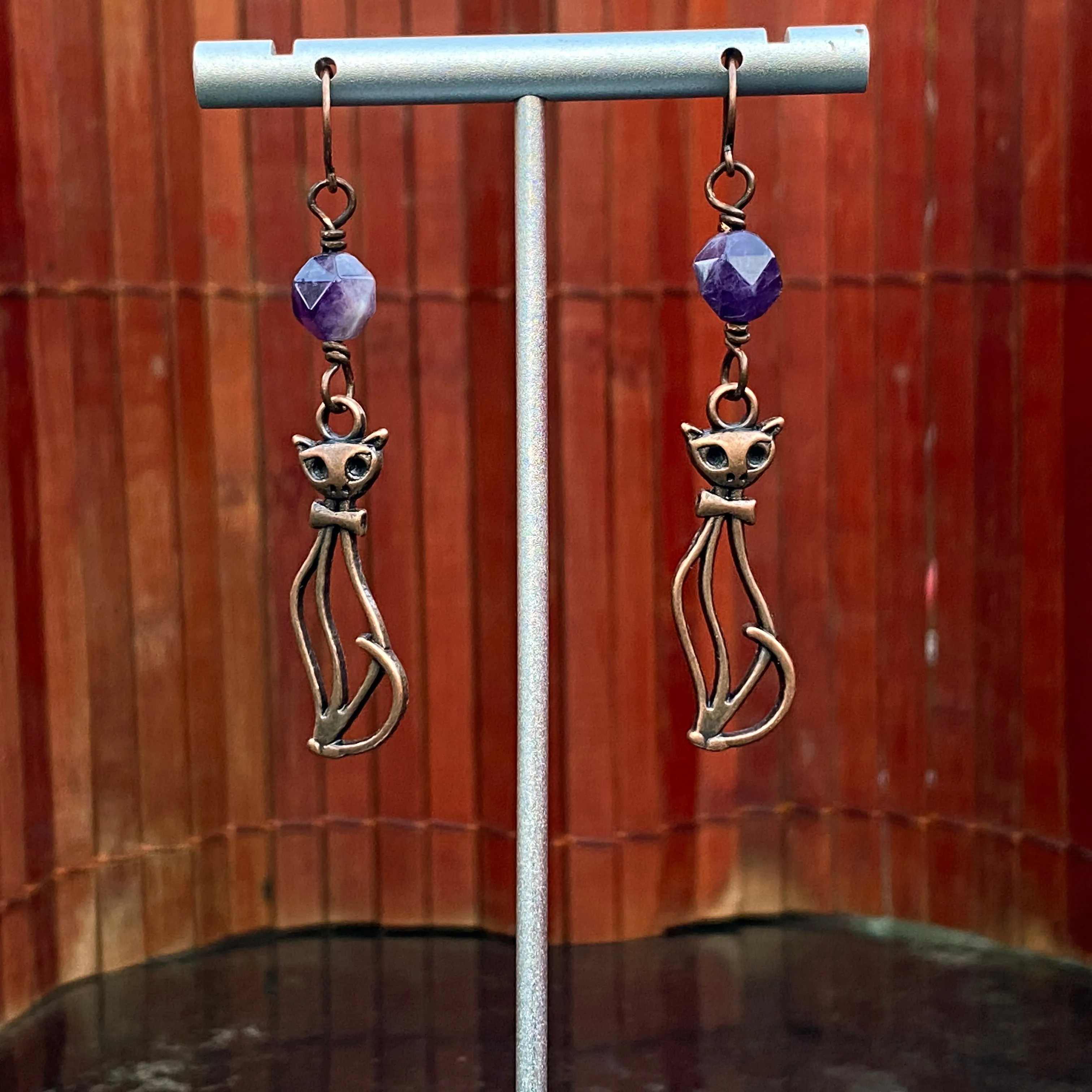 Amethyst gemstone and Kitty Cat Drop Earrings