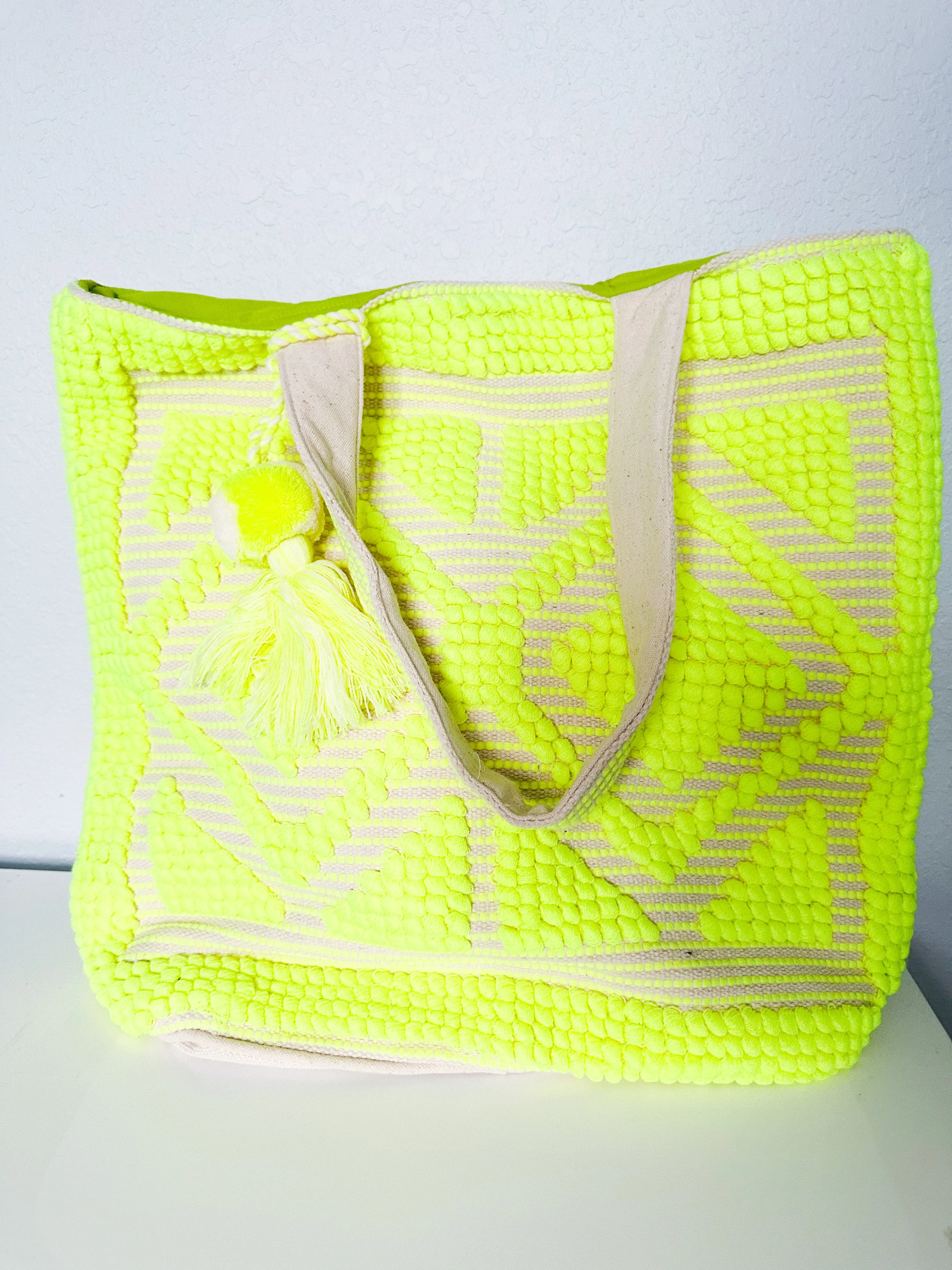 Boho Tribal Design Large Tote Bag - Neon Yellow