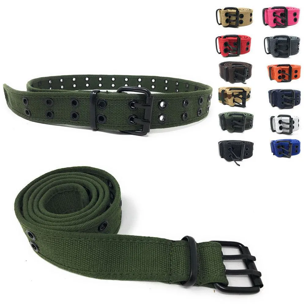 Casaba Canvas Belts Double Row 2 Holes Grommet Fabric Military Mens Women Unisex