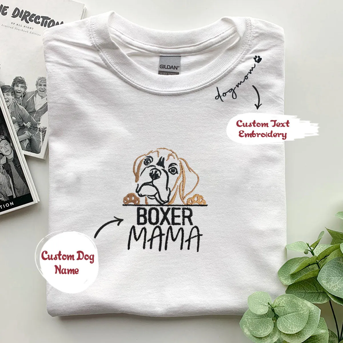 Custom Boxer T shirts, Dog Mama Shirt Embroidered Collar with Dog Name, Best Gifts For Boxer Lovers