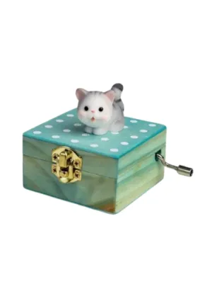 Cute Wooden Hand Crank Music Box Gift, Mini Music Box Gift With Lovely Tune and Design, Grey Cat