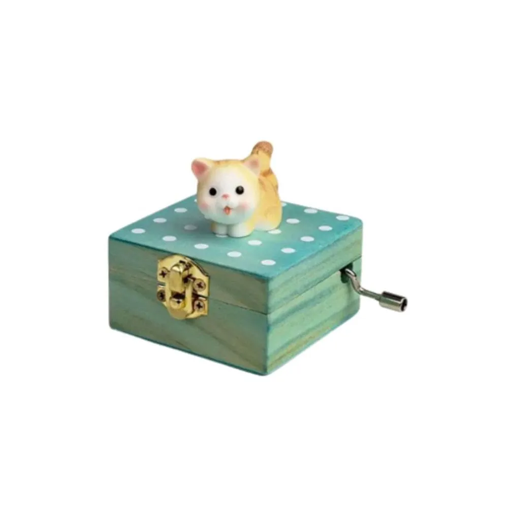 Cute Wooden Hand Crank Music Box, Mini Music Box Gift With Lovely Tune and Design, Orange Cat