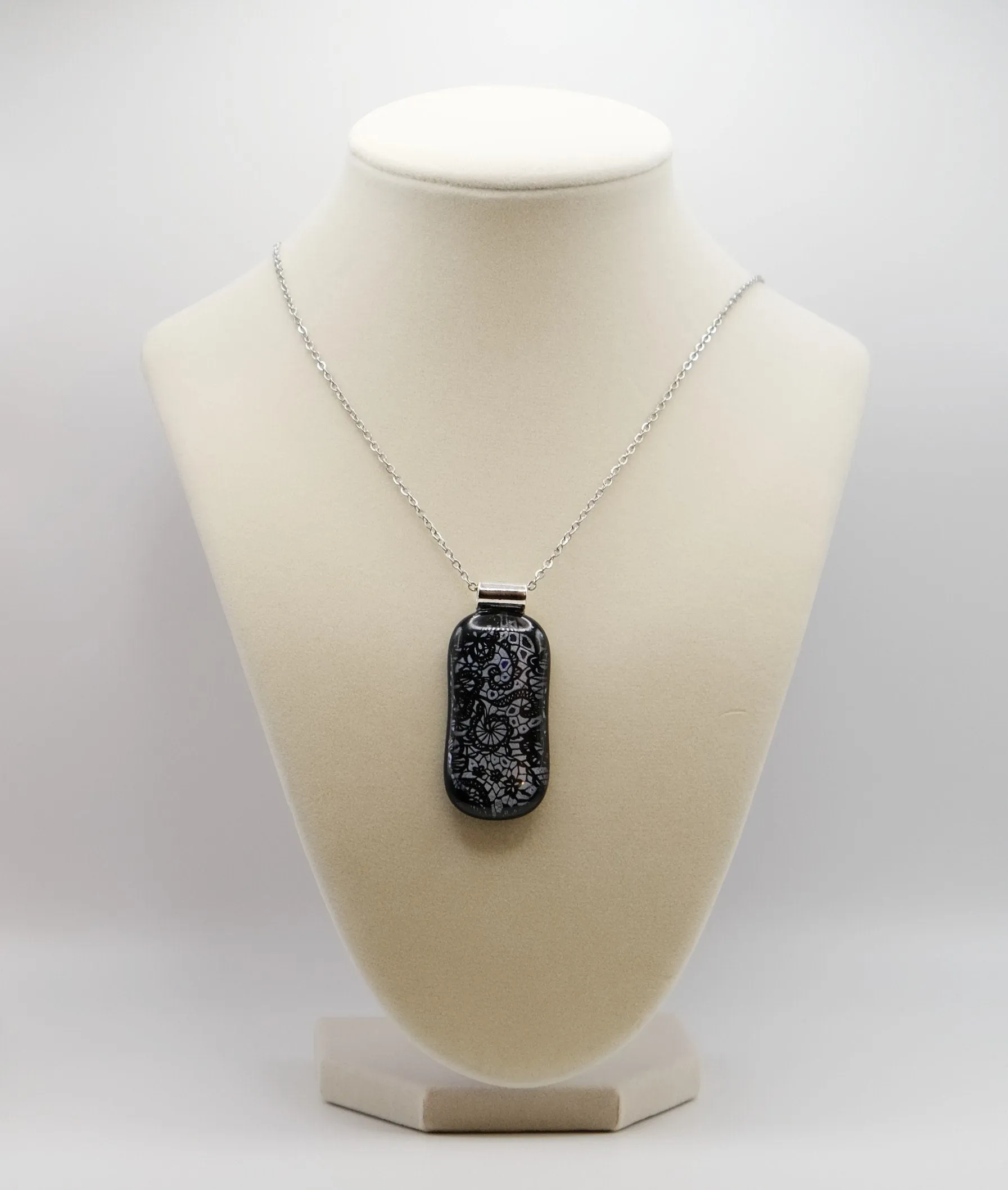 dichroic Black and Silver lace fused glass statement pendant necklace jewelry on 24 inch steel chain. 2 x 1 inch pendant