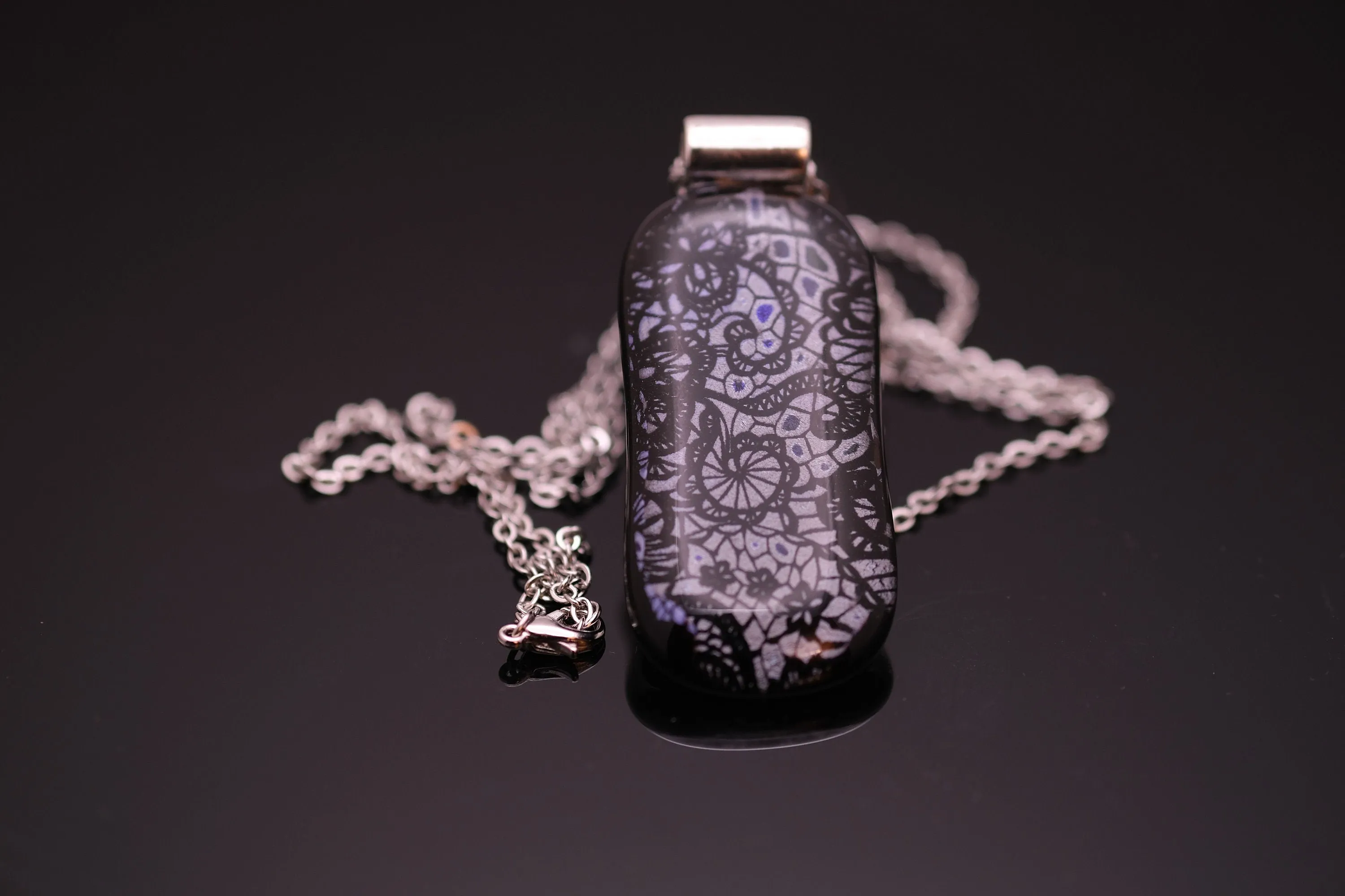 dichroic Black and Silver lace fused glass statement pendant necklace jewelry on 24 inch steel chain. 2 x 1 inch pendant