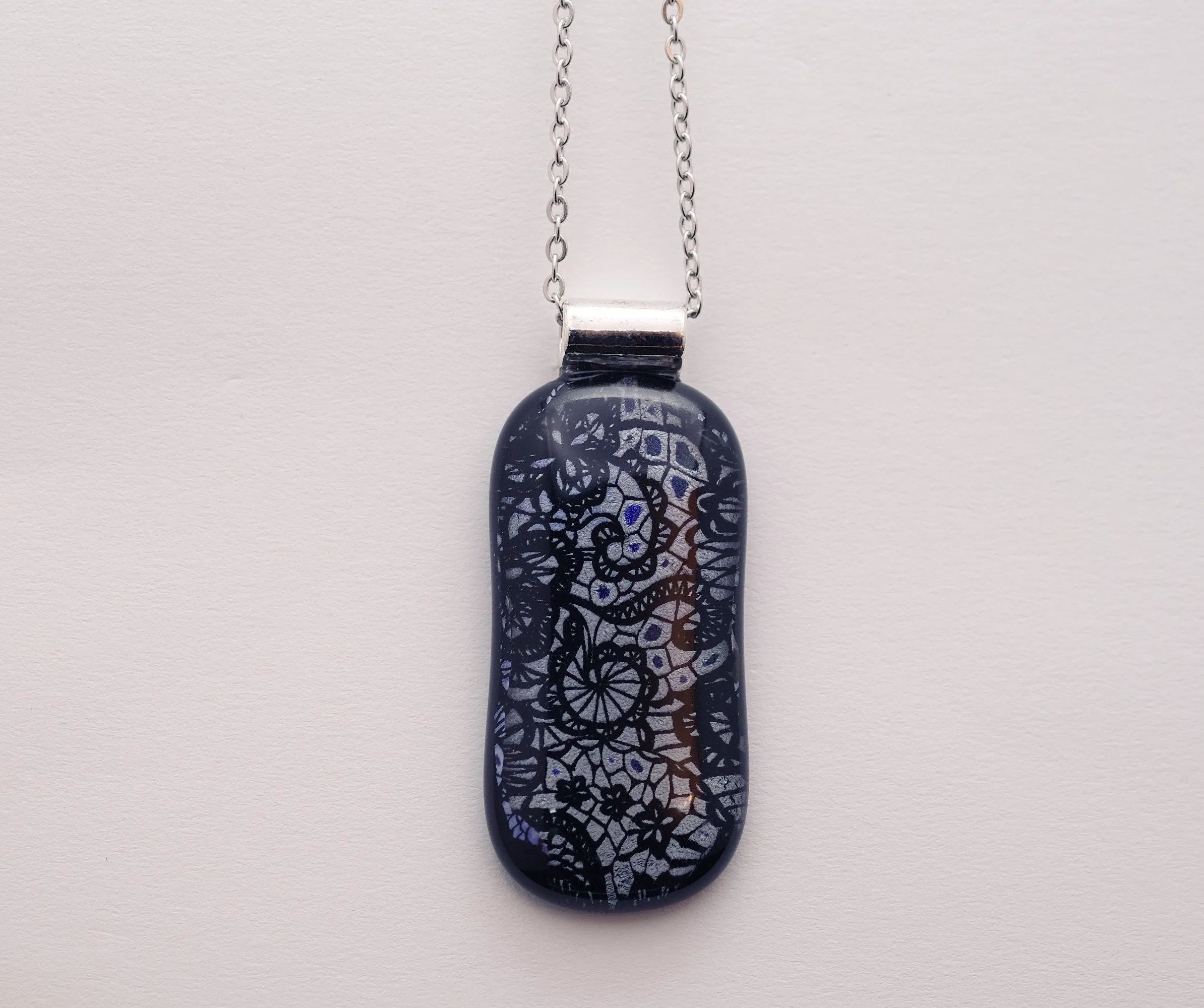 dichroic Black and Silver lace fused glass statement pendant necklace jewelry on 24 inch steel chain. 2 x 1 inch pendant