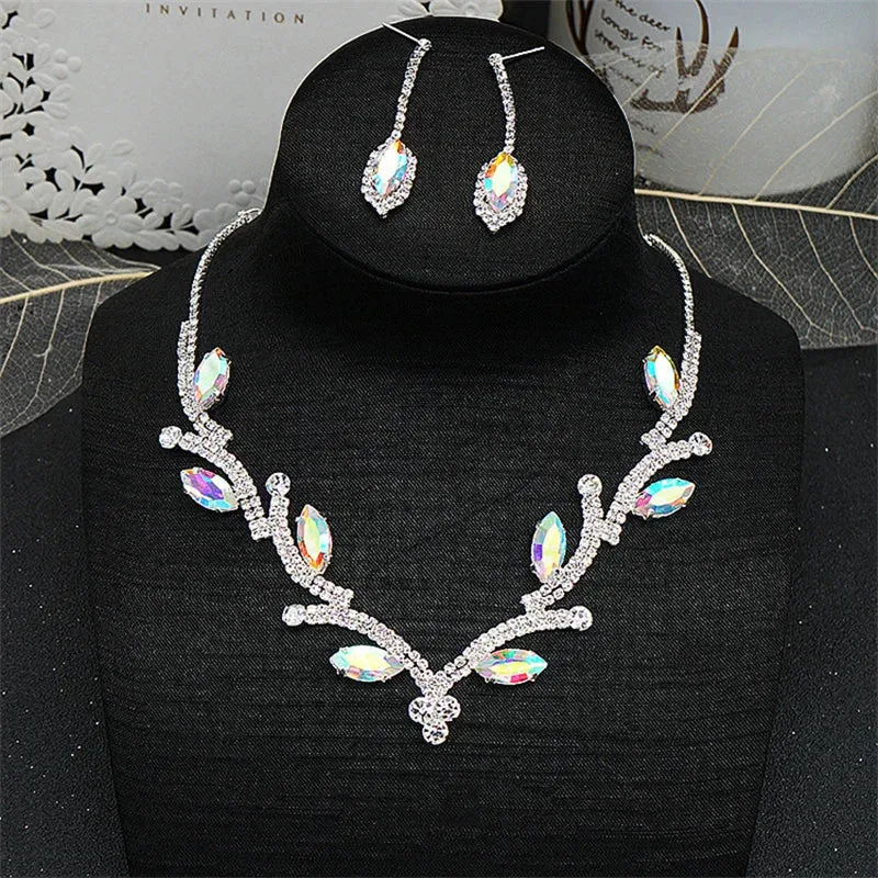 Elegant Geometric Crystal Rhinestone Necklace Earring Jewelry Sets For Women