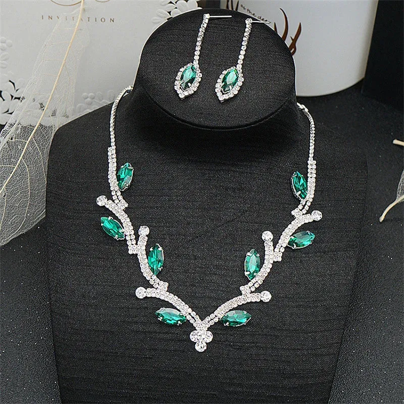 Elegant Geometric Crystal Rhinestone Necklace Earring Jewelry Sets For Women