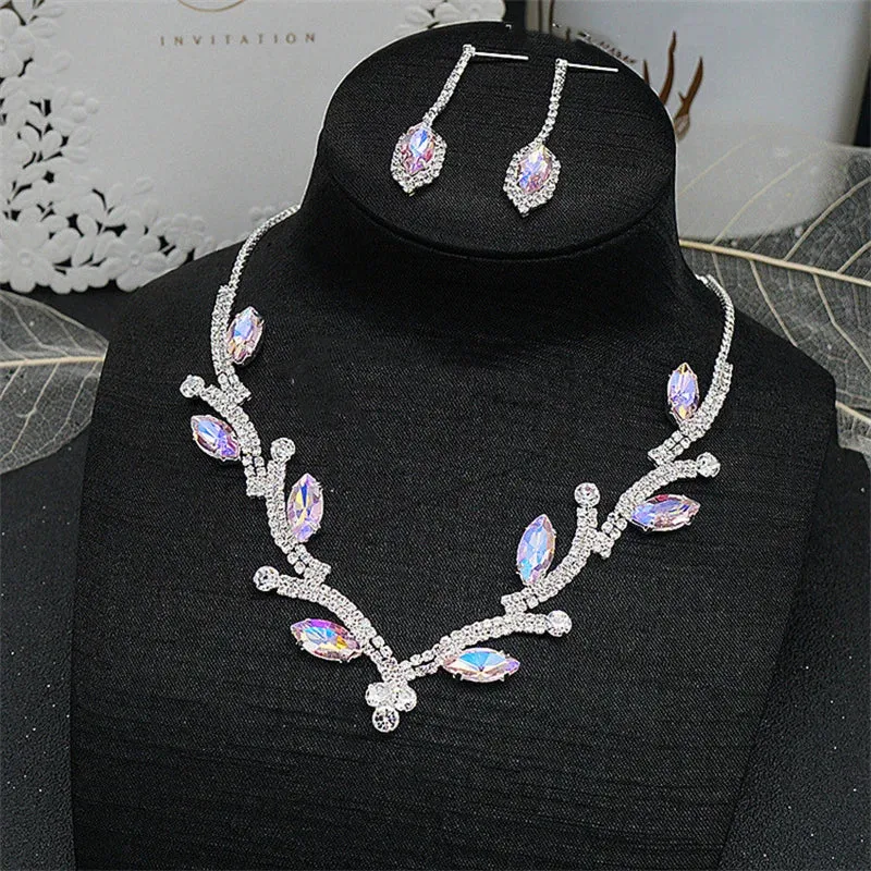 Elegant Geometric Crystal Rhinestone Necklace Earring Jewelry Sets For Women