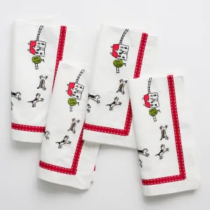 Embroidered Hunt Scene Red Ribbon Napkin | Set of 4