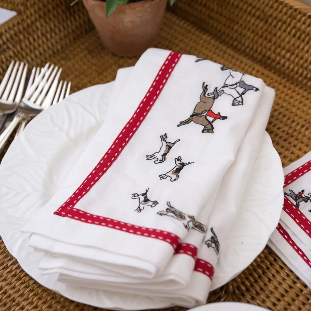 Embroidered Hunt Scene Red Ribbon Napkin | Set of 4