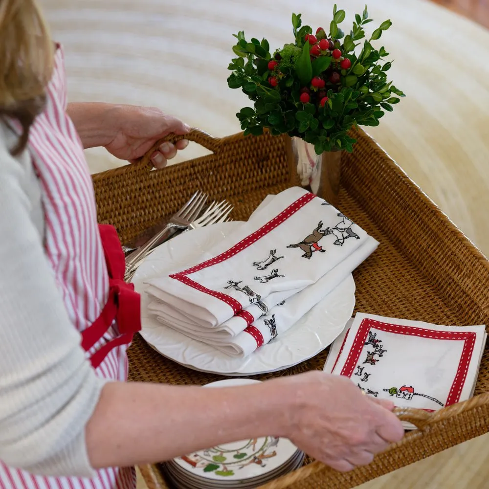 Embroidered Hunt Scene Red Ribbon Napkin | Set of 4