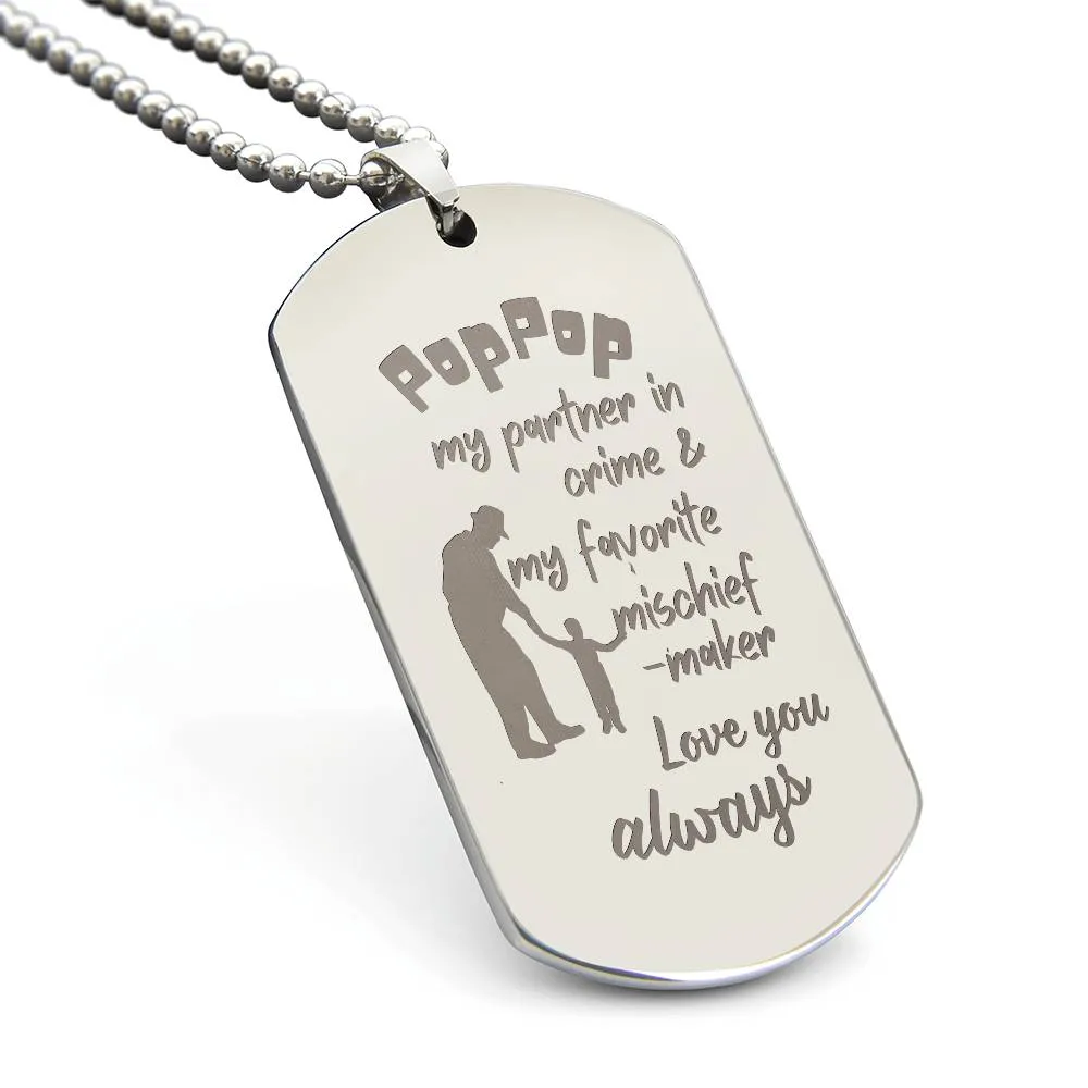 Engraved Dog Tag Necklace with Ball Chain | Personalized Unique Thoughtful Gift for Grandfather who has everything | Pop-Pop Mischief Maker