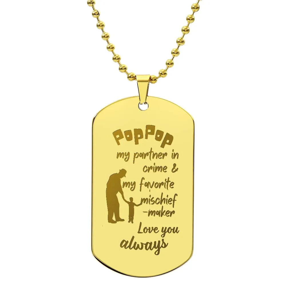 Engraved Dog Tag Necklace with Ball Chain | Personalized Unique Thoughtful Gift for Grandfather who has everything | Pop-Pop Mischief Maker