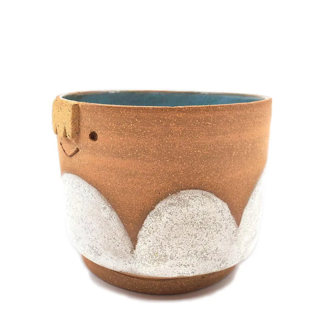 Friendly Planter-  M - Smiling with White Scallops (Teal Interior) by Kathy Manzella Ceramics