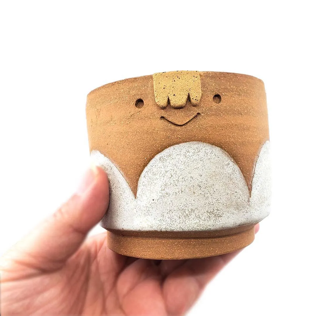 Friendly Planter-  M - Smiling with White Scallops (Teal Interior) by Kathy Manzella Ceramics