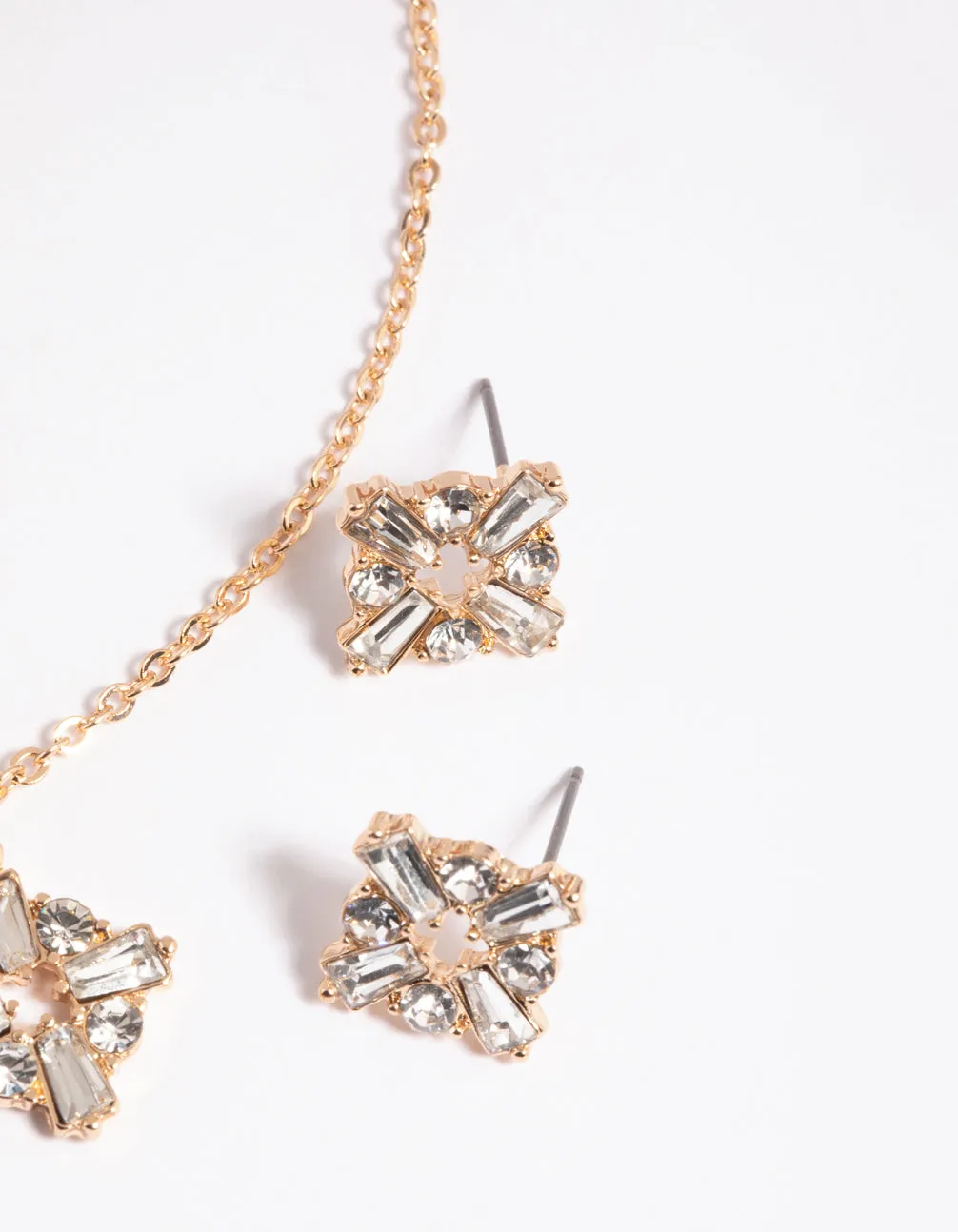 Gold Square Diamante Necklace & Earrings Set