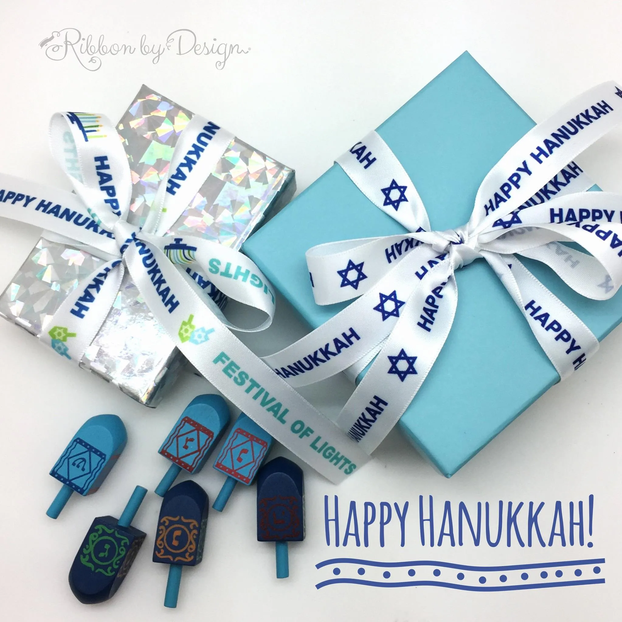 Happy Hanukkah Ribbon with Star of David on 5/8" White Single Face Satin ribbon