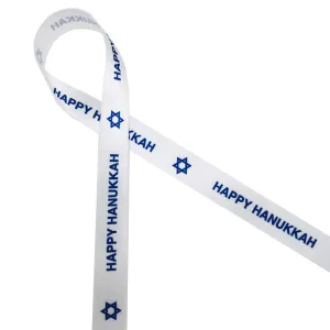 Happy Hanukkah Ribbon with Star of David on 5/8" White Single Face Satin ribbon