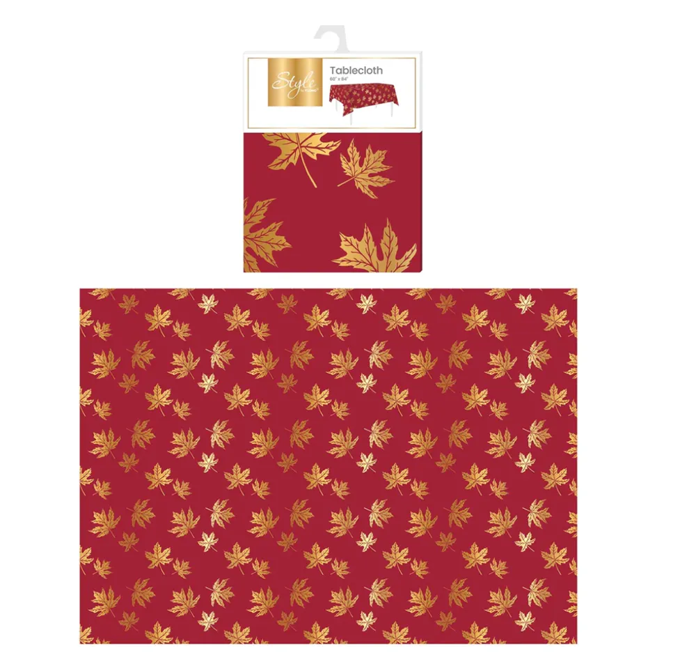 Harvest Burgundy With Gold Leaves Tablecloth 1 Pack