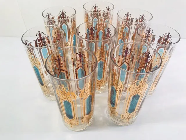 Hollywood Regency Mid-Century Gold-Emerald 9-Piece Cocktail Set