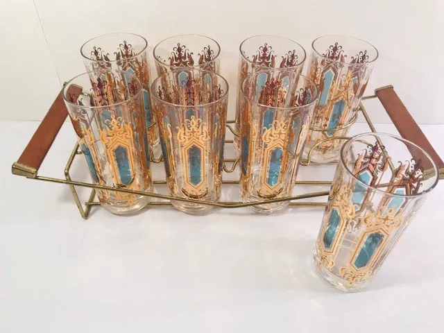 Hollywood Regency Mid-Century Gold-Emerald 9-Piece Cocktail Set