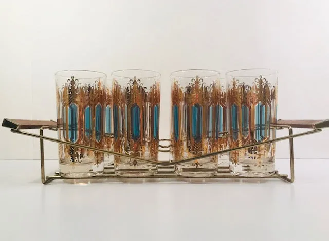 Hollywood Regency Mid-Century Gold-Emerald 9-Piece Cocktail Set