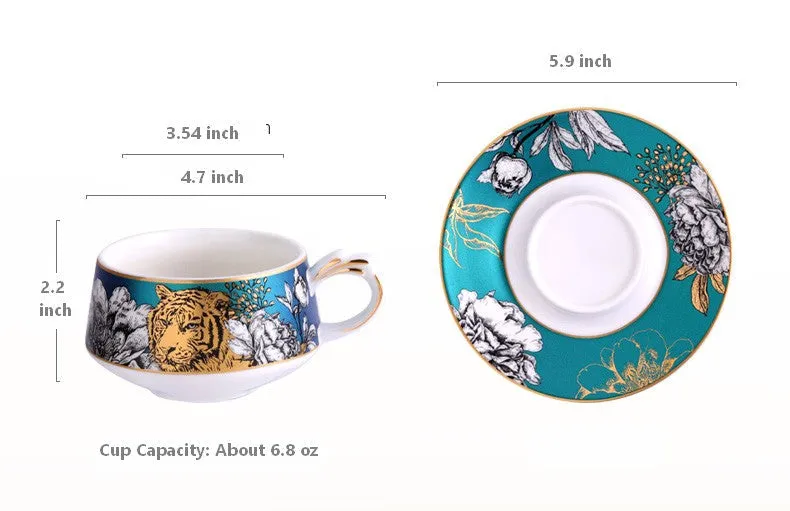 Jungle Tiger Cheetah Porcelain Tea Cups, Creative Ceramic Cups and Saucers, Unique Ceramic Coffee Cups with Gold Trim and Gift Box