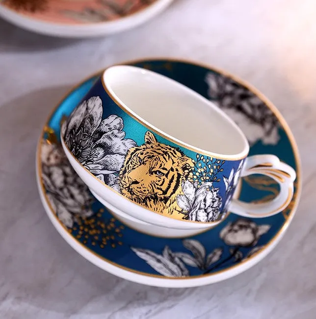 Jungle Tiger Cheetah Porcelain Tea Cups, Creative Ceramic Cups and Saucers, Unique Ceramic Coffee Cups with Gold Trim and Gift Box