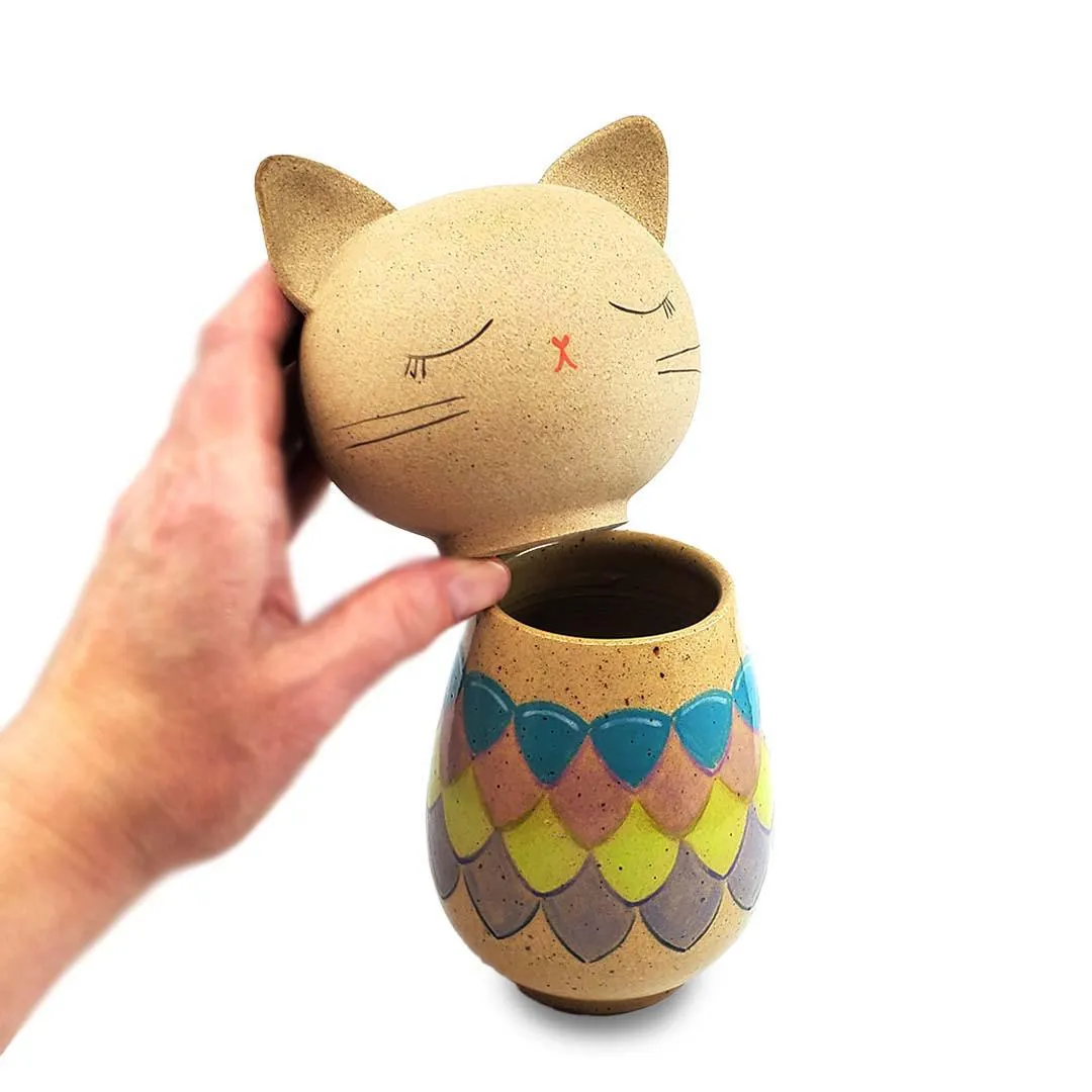 Kokeshi Small - Kitty Cat with Cool Tone Scales by Jennifer Fujimoto