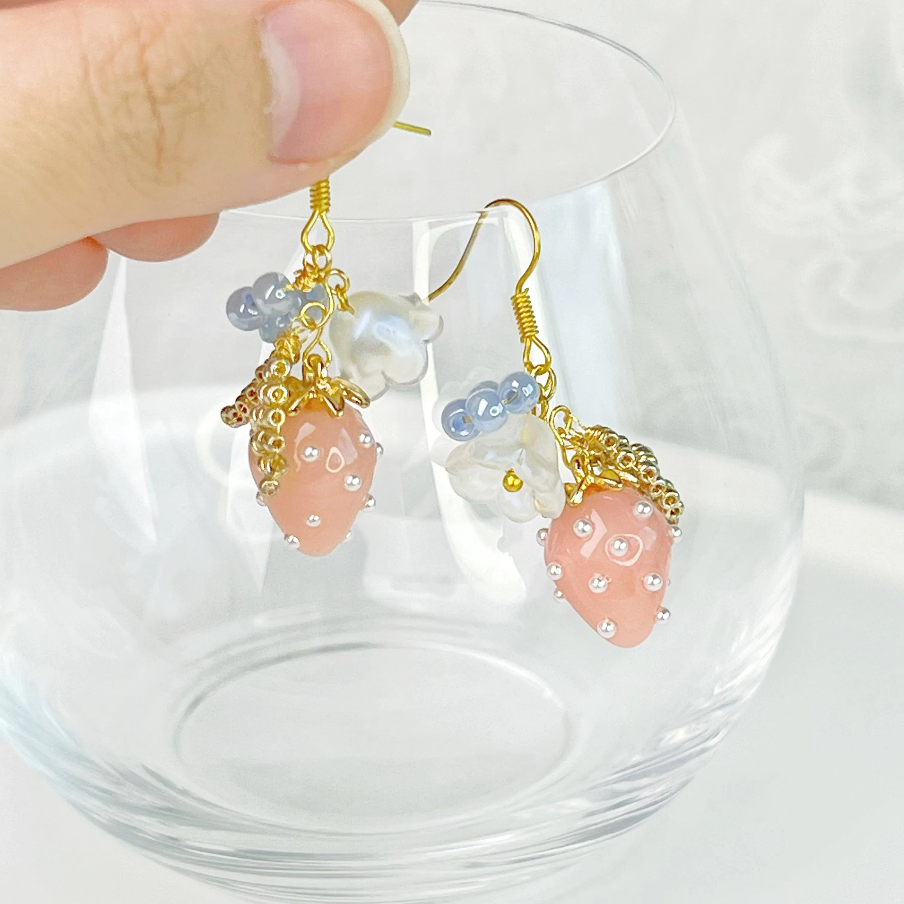 Ninaouity - Handmade Pink Strawberry and Flower Earrings