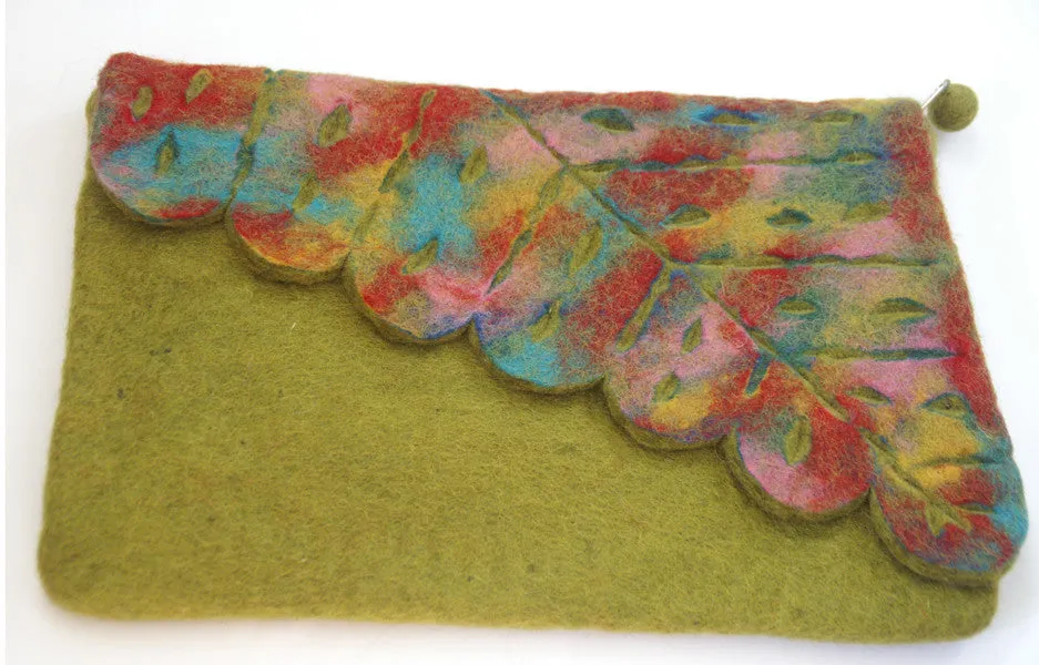 Nuno Felted Wool Leaf Clutch Bag One-Of-A-Kind Handmade|Teal, Black, Red, Chartreuse