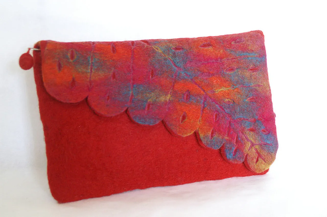 Nuno Felted Wool Leaf Clutch Bag One-Of-A-Kind Handmade|Teal, Black, Red, Chartreuse