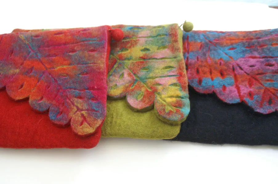 Nuno Felted Wool Leaf Clutch Bag One-Of-A-Kind Handmade|Teal, Black, Red, Chartreuse