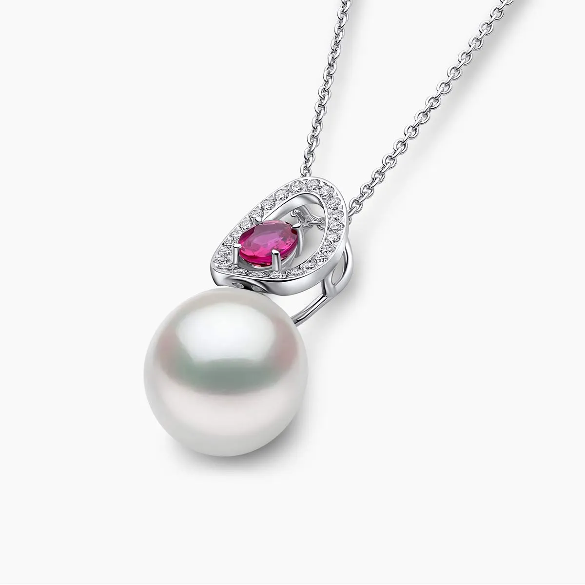 Ophelia 18K Gold South Sea Pearl Oval Cut Ruby Diamond Pendant