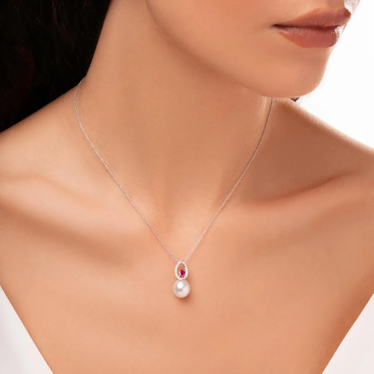 Ophelia 18K Gold South Sea Pearl Oval Cut Ruby Diamond Pendant