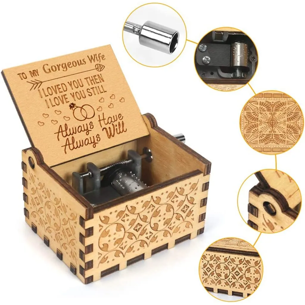 PATPAT Music Box To My Gorgeous Wife Hand Crank Wooden Musical Boxes, Antique Engraved Musical Toys For Wife - Gifts For Wife, Anniversaybirthday/Christmas/Valentine's Day