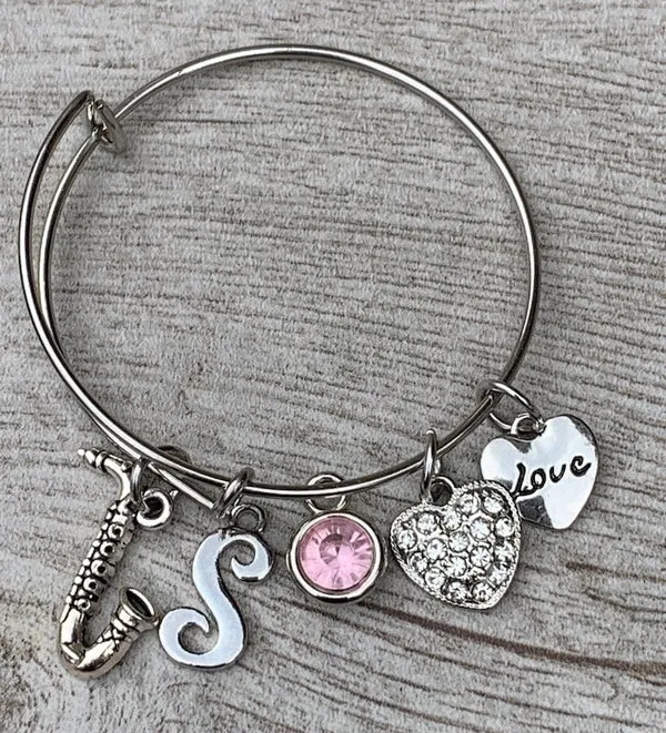 Personalized Saxophone Charm Bangle Bracelet