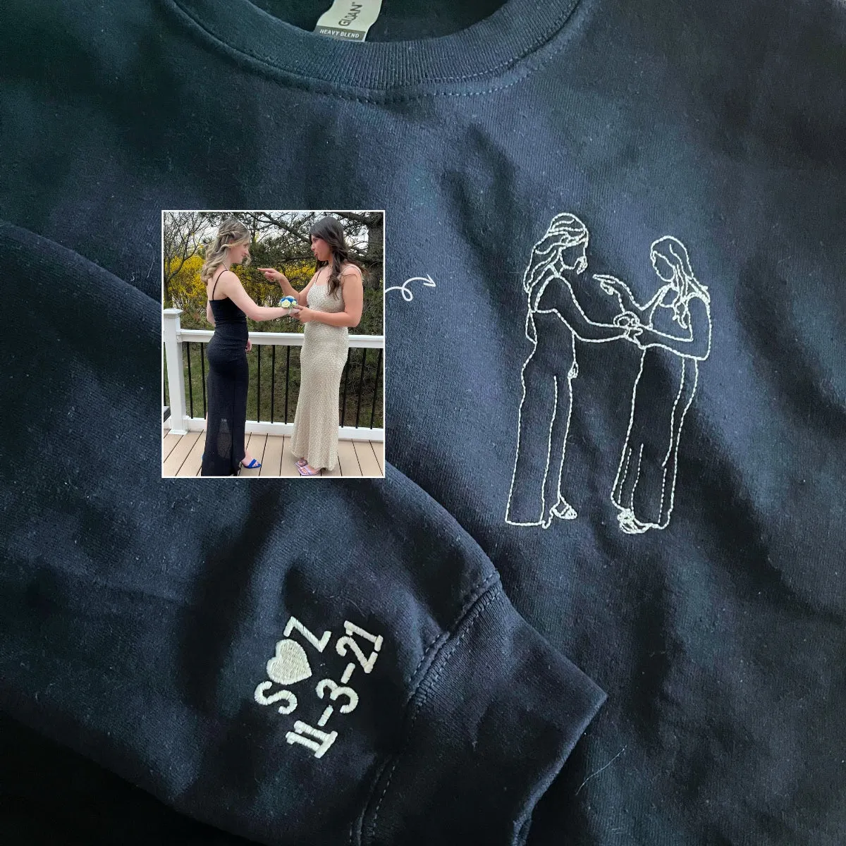 Personalized Unique Wedding Shower Gifts for Couples Sweatshirt with Embroidery Photo Date Text on Sleeve